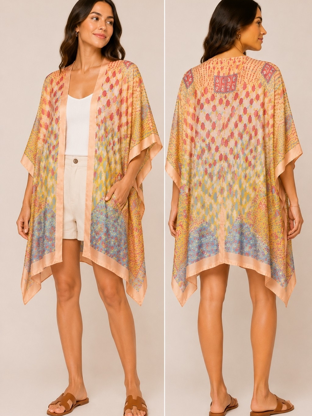 Women's Lightweight Pastel Patchwork Kimono - Peach Accents - NWT - Picture 3 of 5